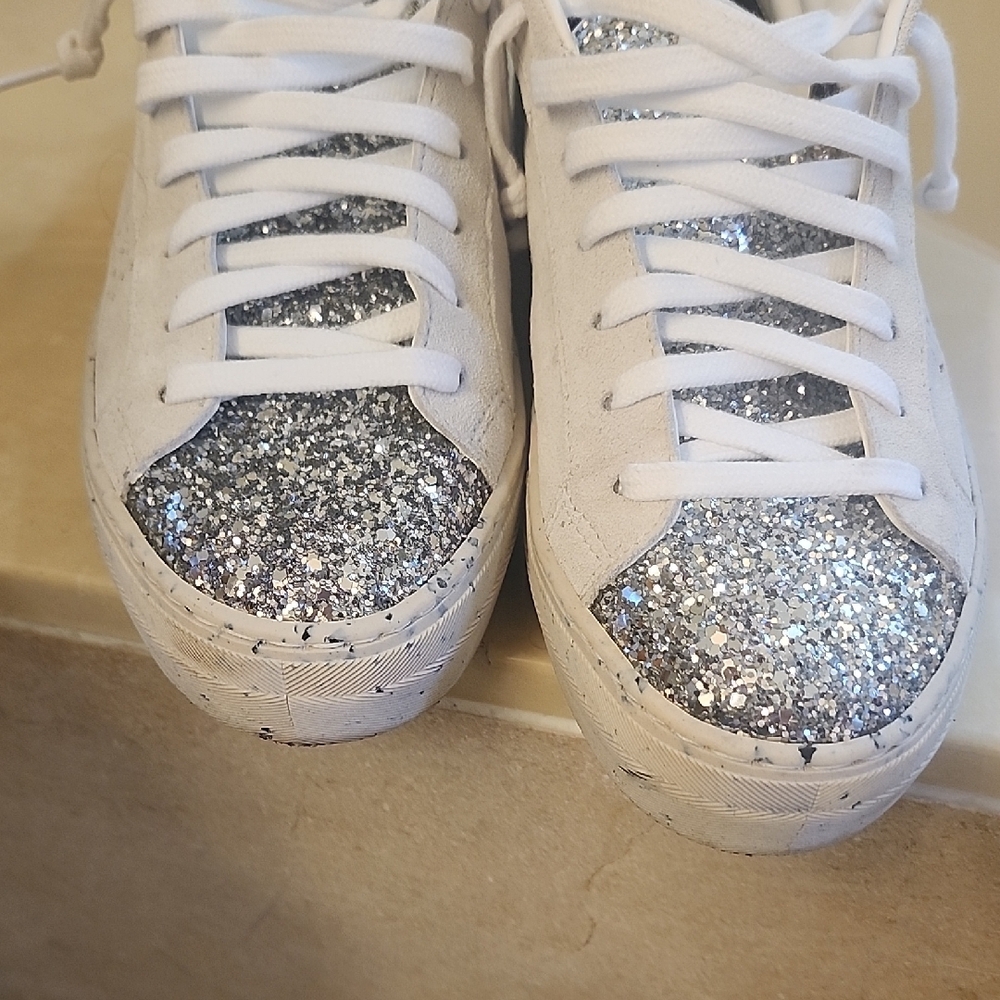 P448 Women's White Suede Sneakers with Silver Glitter Toe & Heel - Picture 2 of 8